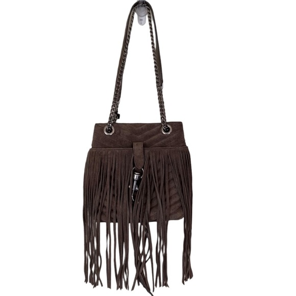 New Rebecca Minkoff Edie Fringe Quilt Suede Crossbody Bag Purse Handbag, Porcini - Picture 4 of 14